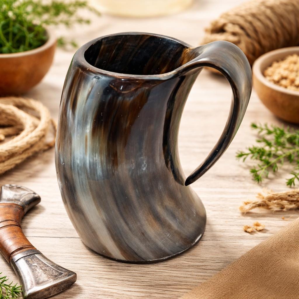 Viking Mug - Handmade Viking Horn Mug, Authentic Natural Ox Horn Tankard, 8 oz Drinking Mug for