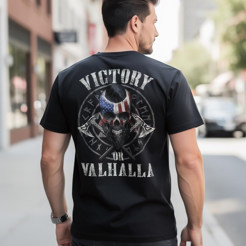 Viking Valhalla T-Shirt - Victory Or Valhalla - Distressed American Viking Skull T-Shirt: Patriotic