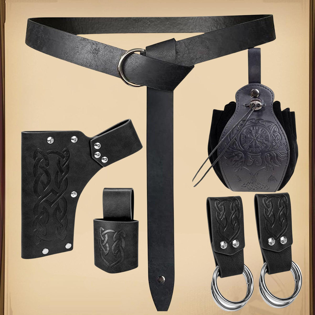 Viking Costume & LARP - Medieval Leather Belt Accessories Set, Viking Cosplay, Renaissance Faire