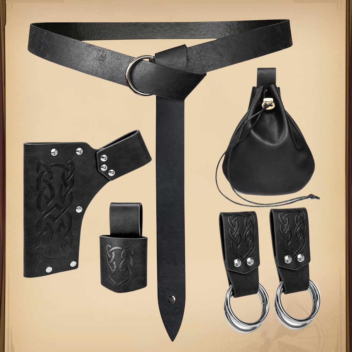 Viking Costume & LARP - Medieval Leather Belt Accessories Set, Viking Cosplay, Renaissance Faire