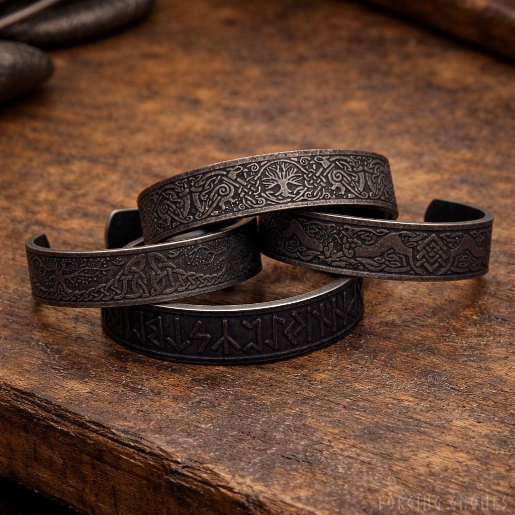 Viking Home Decor - Viking Black Bracelets ''old-school'' Set – Norse Symbols Stainless Steel Cuff