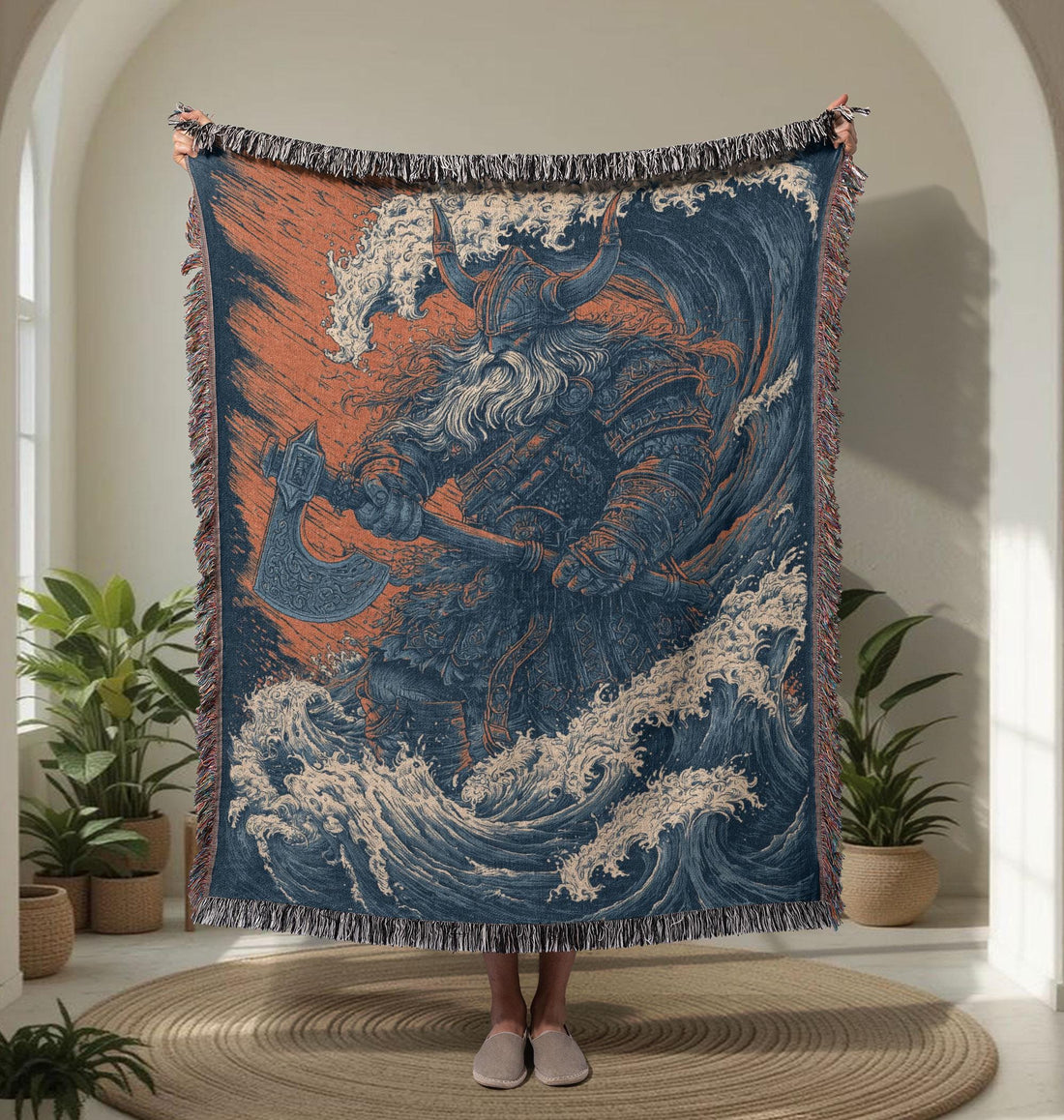 Viking Blanket - Epic Viking Warrior 100% Cotton Woven Blanket, Norse Mythology Home Decor Throw