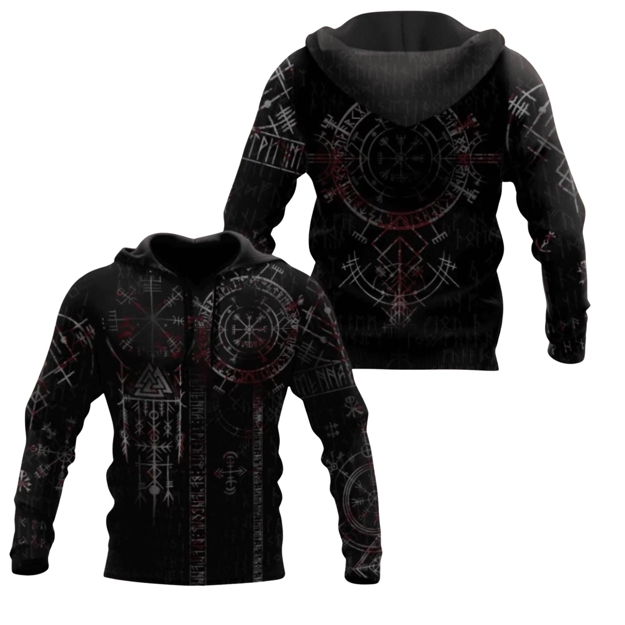 Viking Wolf Hoodie - Norse Viking Wolf Hoodie – Black Runic Vegvisir Sleeve, Raven & Wolf Art