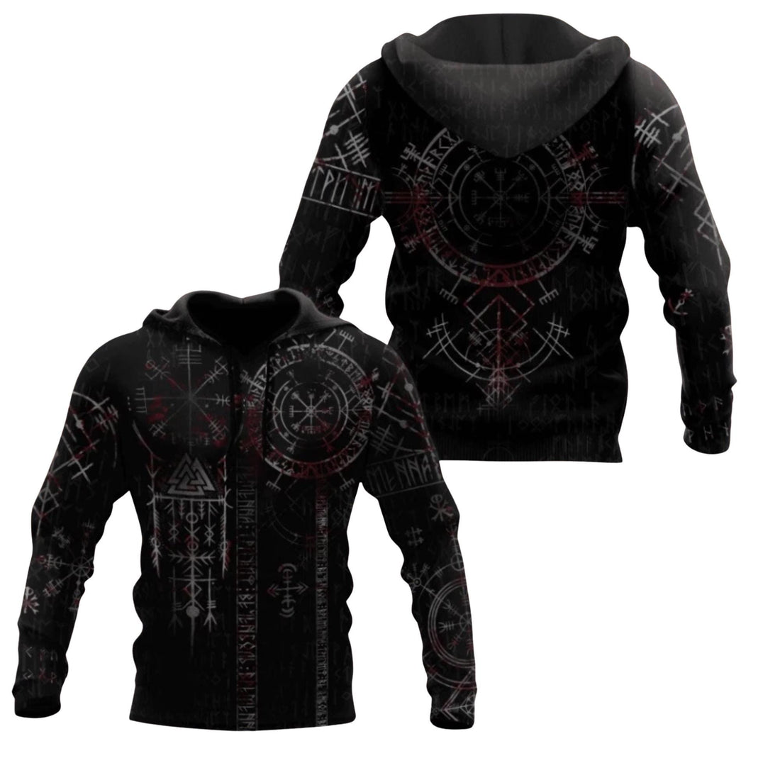 Viking Valknut Hoodie - Viking Runes Hoodie with Vegvisir Compass, Valknut Symbols, Norse Mythology