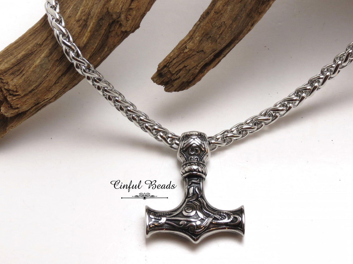 Viking Thor's Hammer Necklace - Viking Stainless Steel Hammer Pendant Necklace, Wolf Head Norse