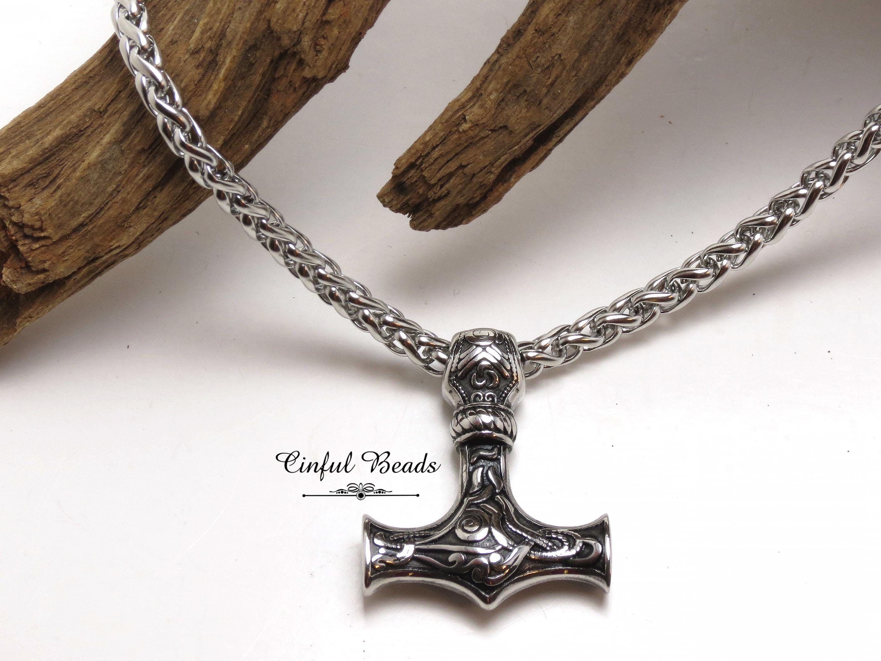 Viking Thor's Hammer Necklace - Viking Stainless Steel Hammer Pendant Necklace, Wolf Head Norse