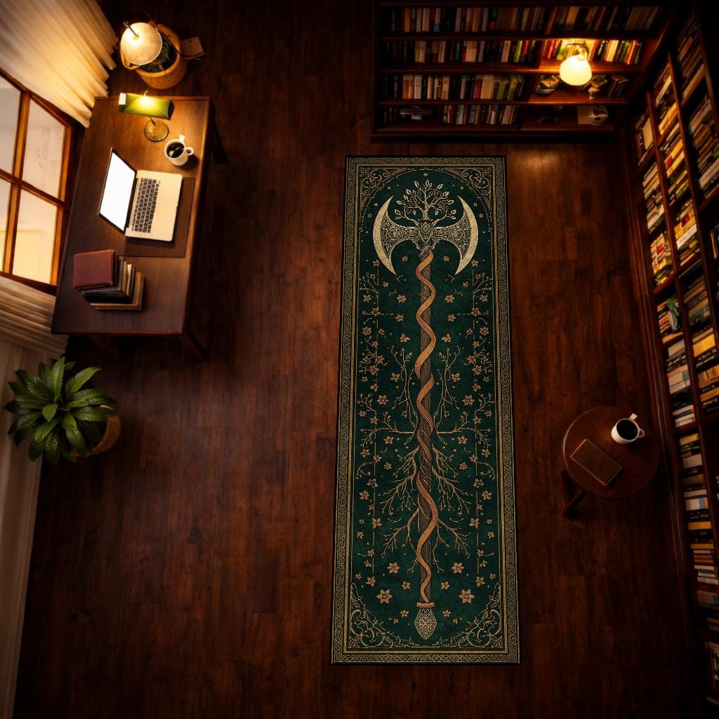 Viking Yggdrasil Tree of Life Rug - Dark Green Celtic Tree of Life Axe Runner Rug, Viking Yggdrasil