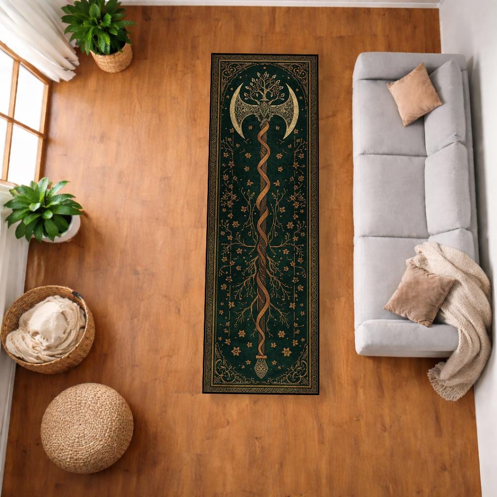 Viking Yggdrasil Tree of Life Rug - Dark Green Celtic Tree of Life Axe Runner Rug, Viking Yggdrasil