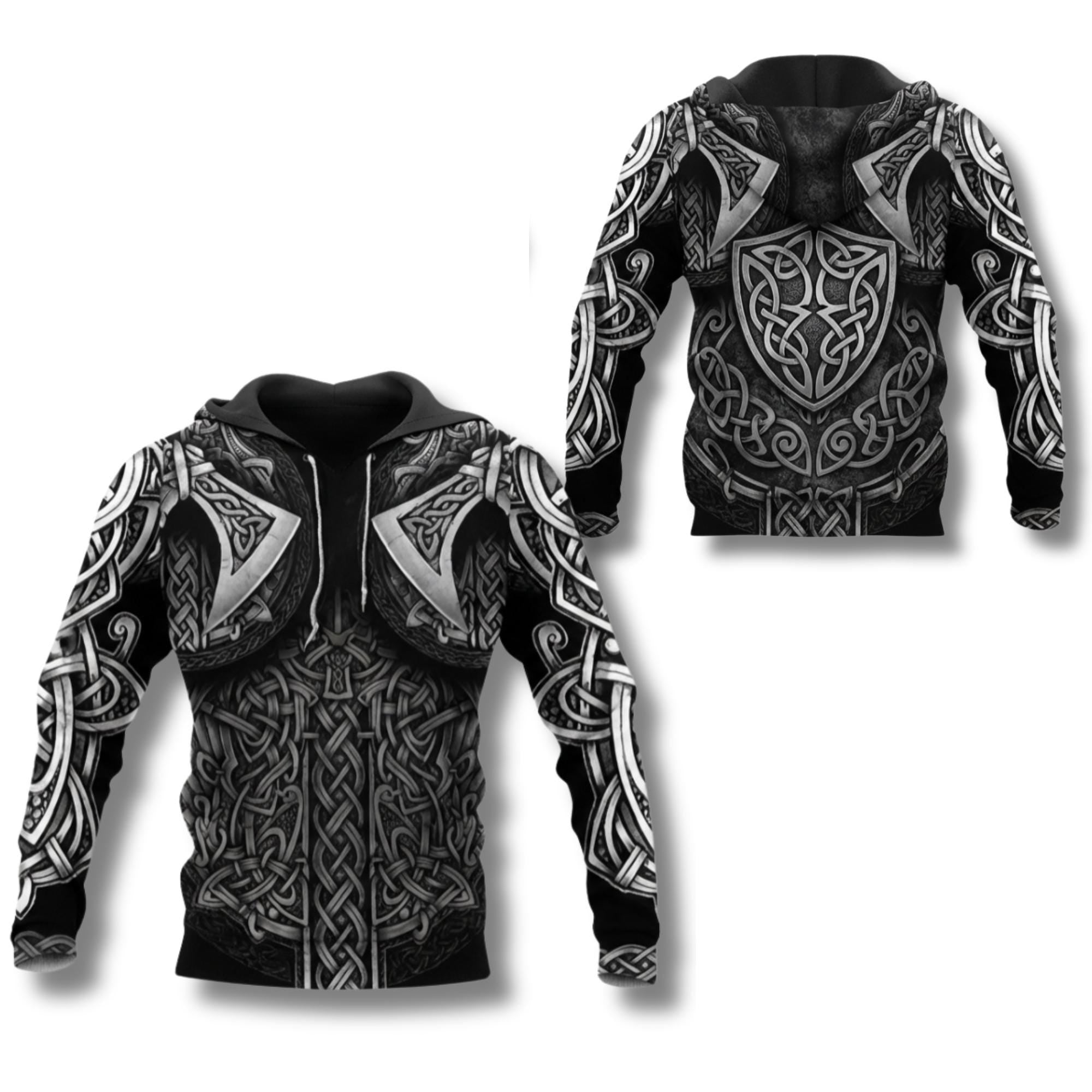 Viking Hoodie - Viking Armor Hoodie Norse Celtic Knot Warrior Zip Up Sweatshirt 3D All Over Print