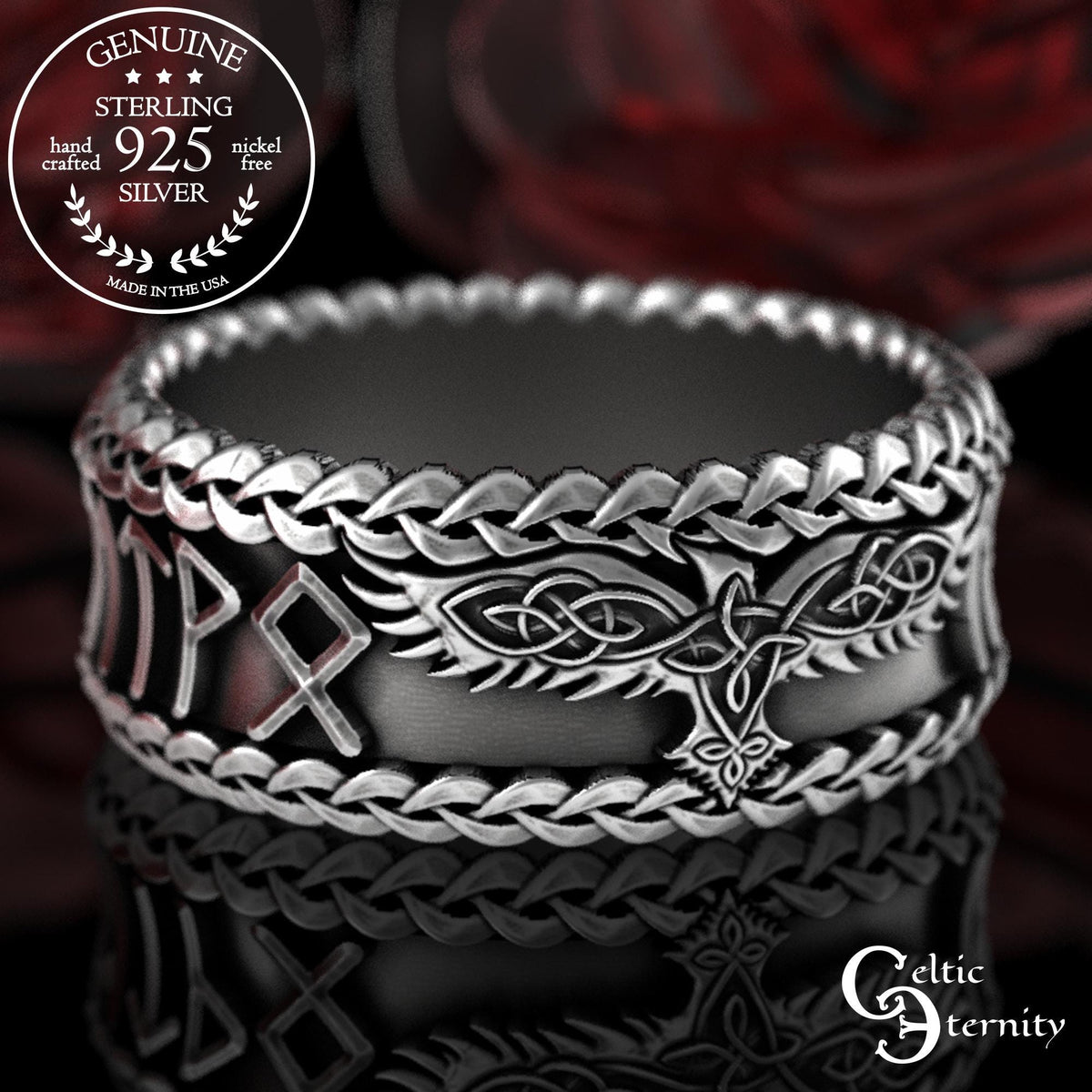 Viking Odin Ring - Sterling Viking Wolf with Runes Ring, Mens Wide Norse Wedding Ring, Braided Odin