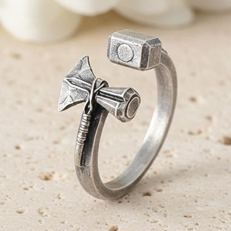 Viking Thor's Hammer Ring - Viking Thor Hammer Axe Ring, Norse Warrior Sterling Silver Jewelry