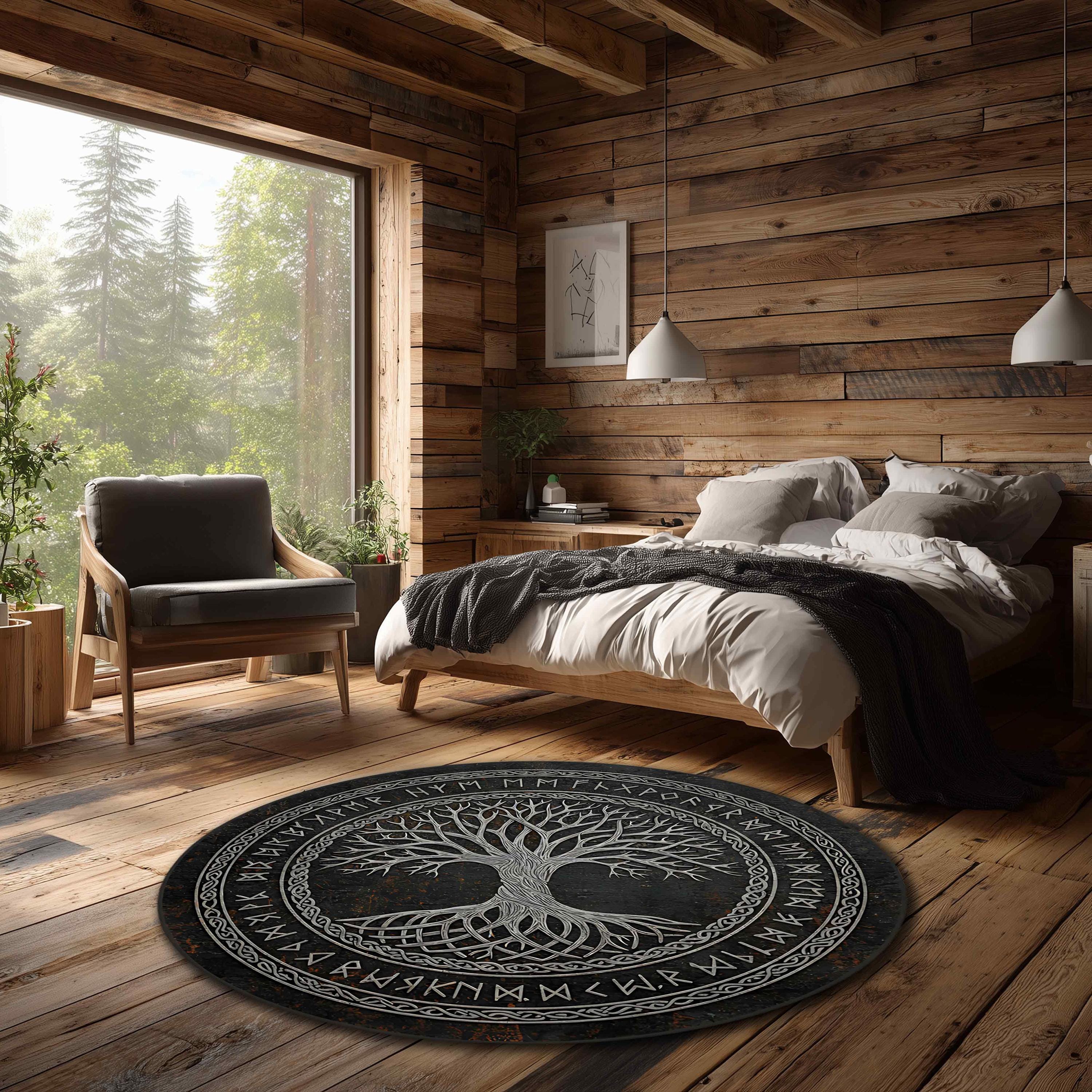 Viking Yggdrasil Tree of Life Rug - Viking Tree of Life Round Rug, Yggdrasil Rune Circle Carpet