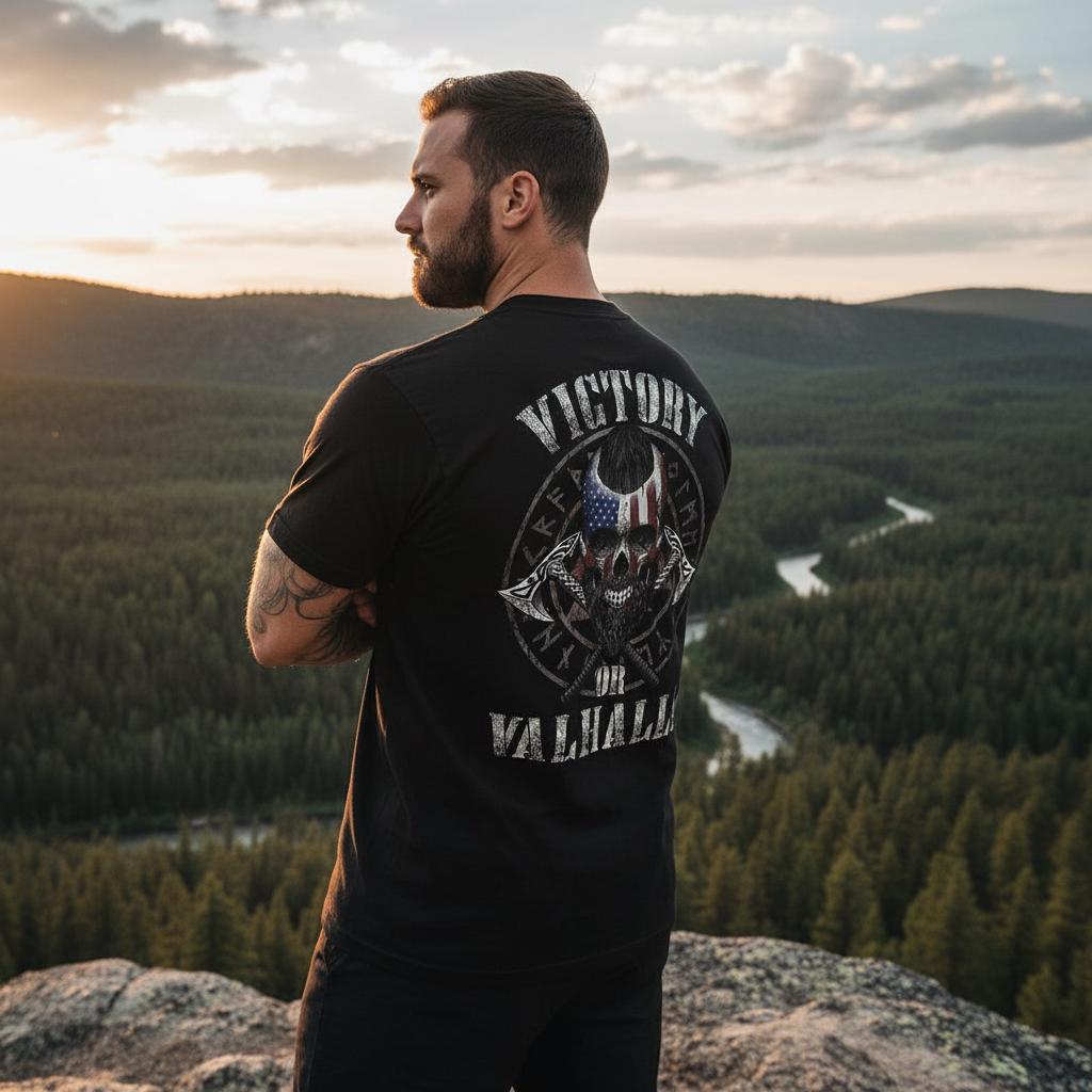 Viking Valhalla T-Shirt - Victory Or Valhalla - Distressed American Viking Skull T-Shirt: Patriotic