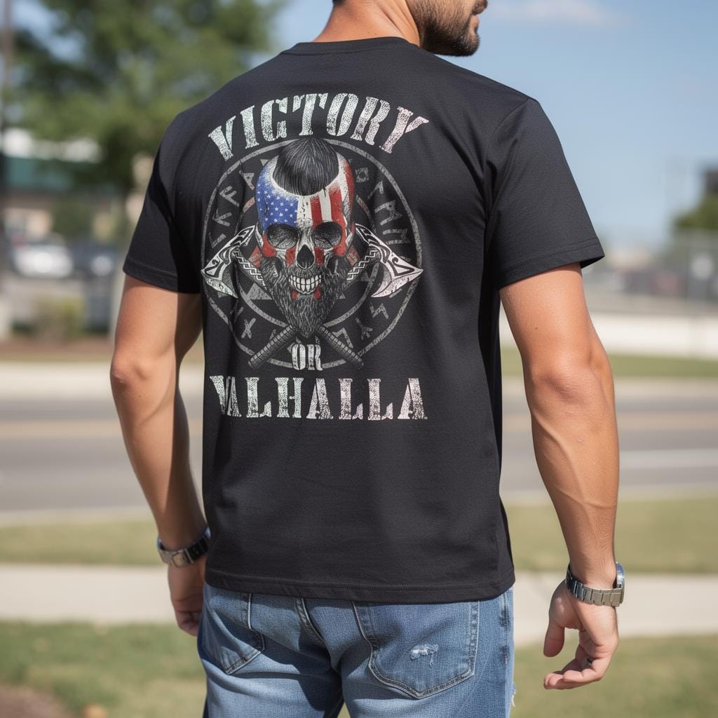 Viking Valhalla T-Shirt - Victory Or Valhalla - Distressed American Viking Skull T-Shirt: Patriotic