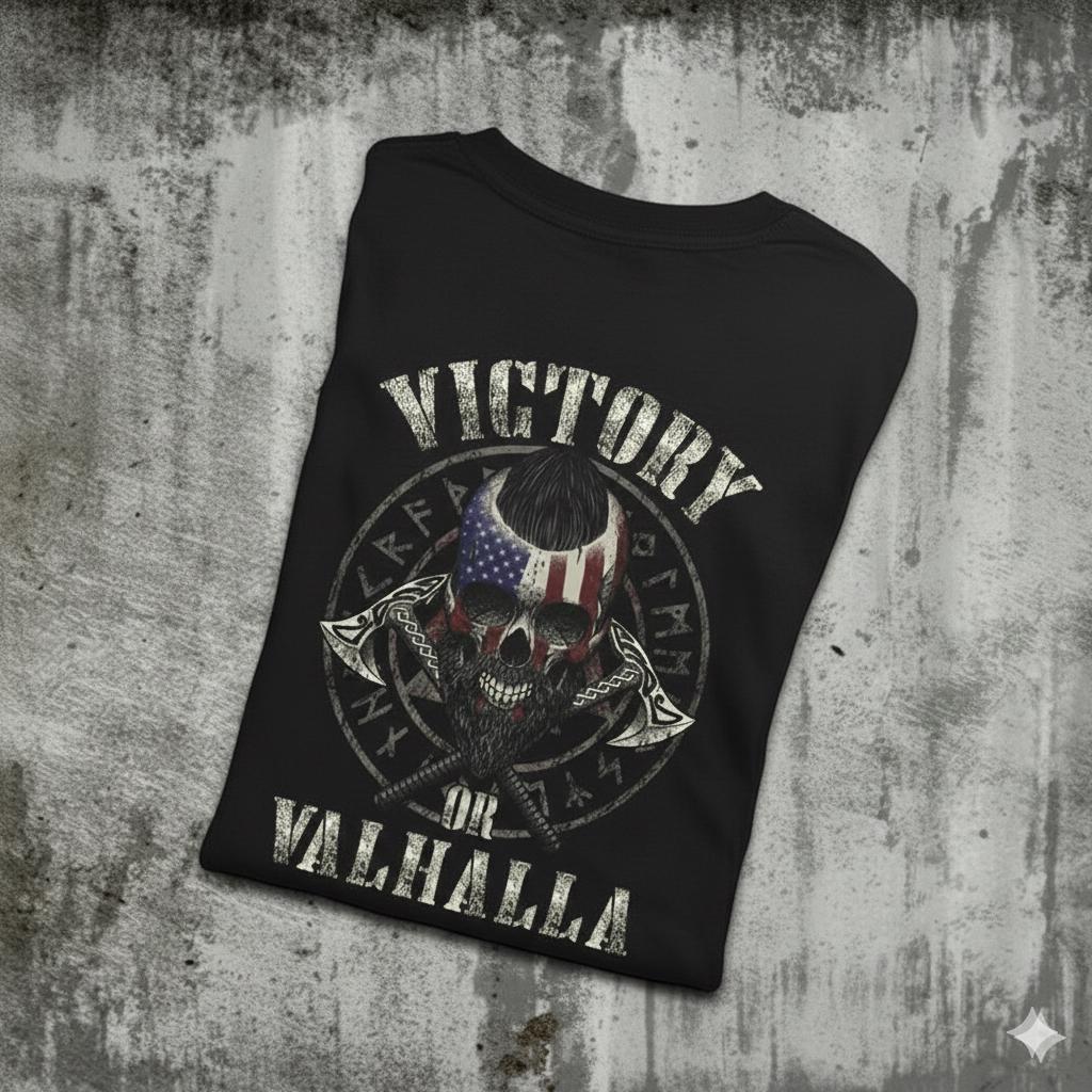 Viking Valhalla T-Shirt - Victory Or Valhalla - Distressed American Viking Skull T-Shirt: Patriotic