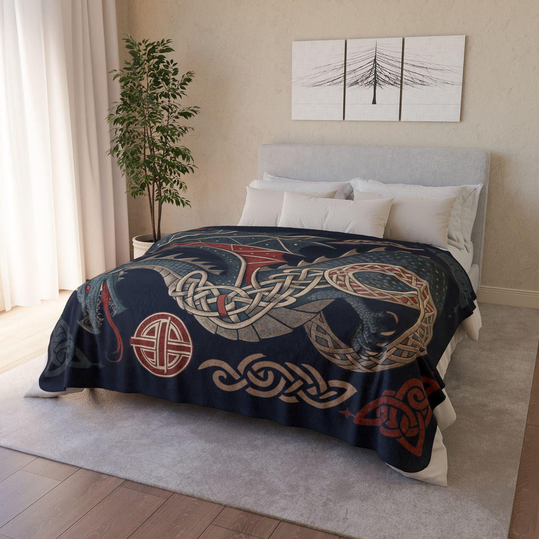 Viking Blanket - Scandinavian Aesthetic Viking Dragon Sherpa/Velvet Blanket - Unique Gift for
