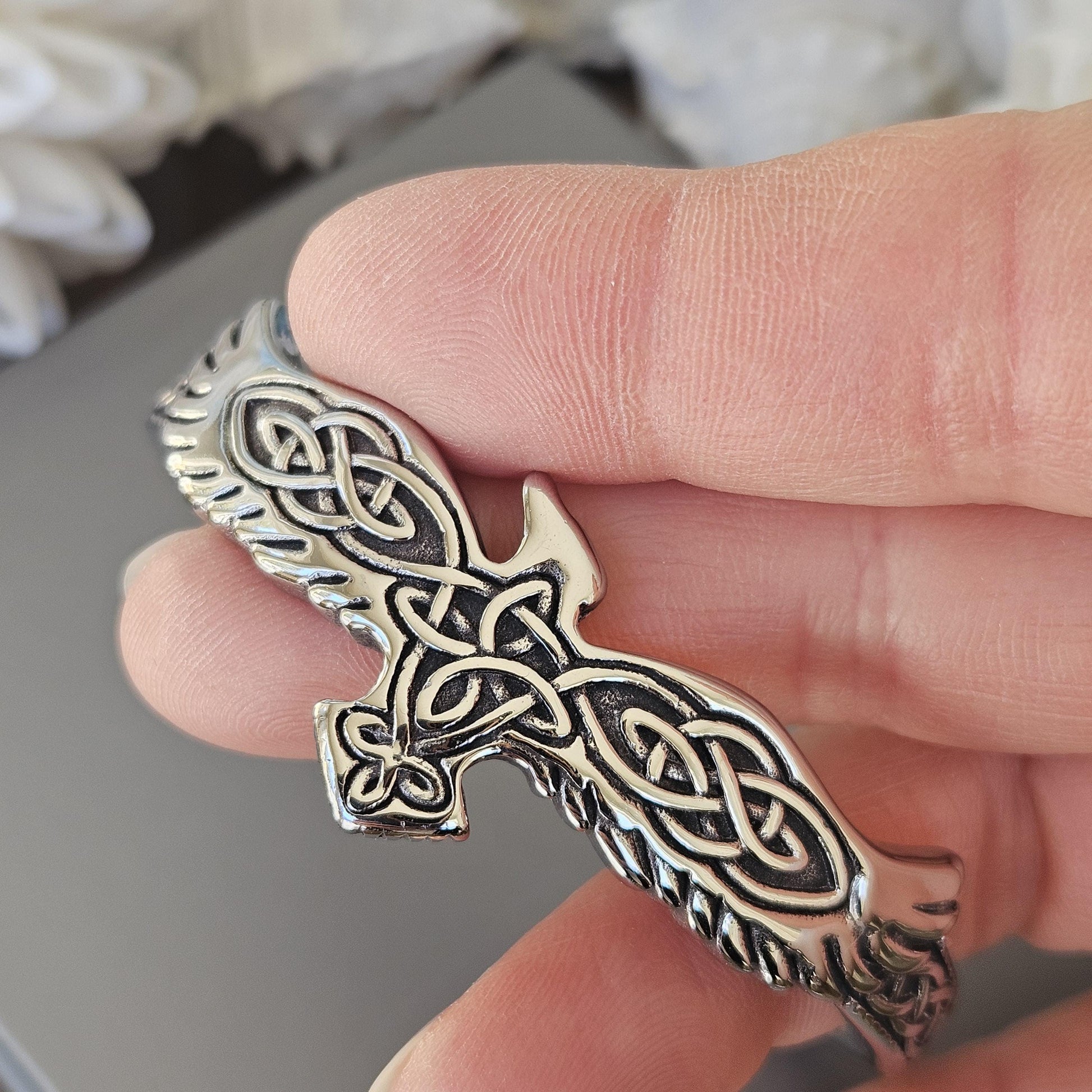 Viking Raven Bracelet - Celtic Raven Stainless Steel Cuff Bracelet, Norse Bracelet, Stainless Steel