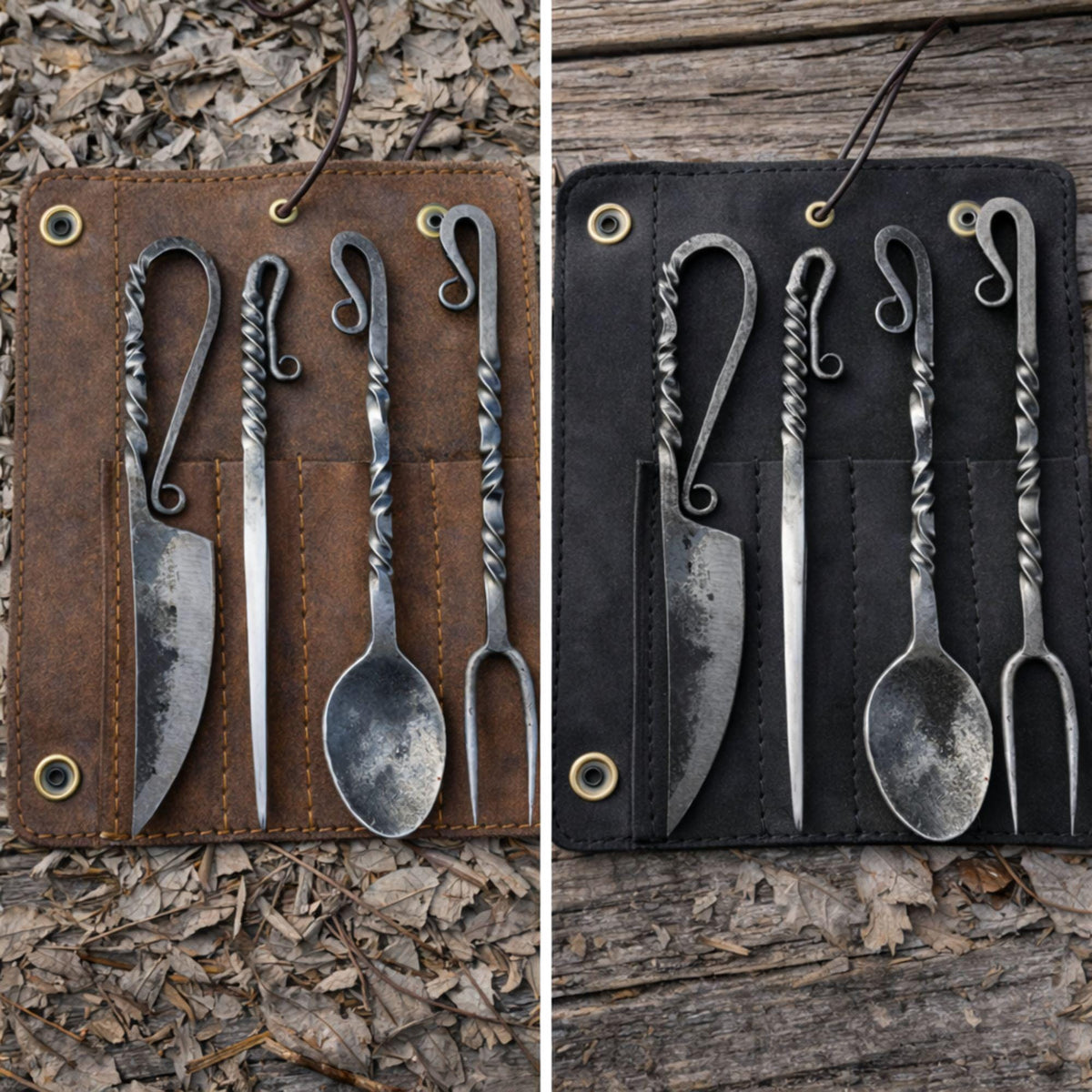 Viking Leather Accessory - Hand Forged Viking Cutlery Set – High Carbon Steel Medieval Utensils Set