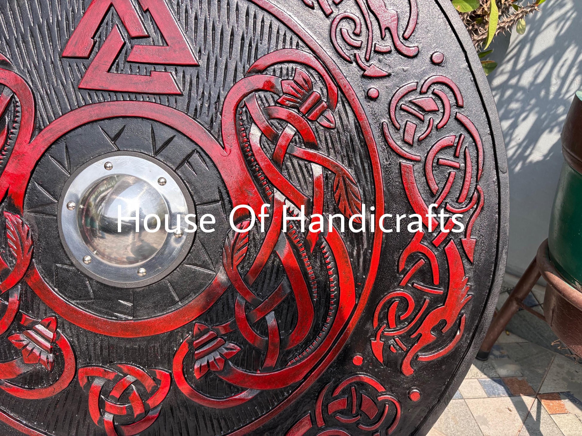 Viking Rune Weapon Replica - Handmade Viking Wooden Shield, Helm of Awe, Runes, Celtic Knots Wall