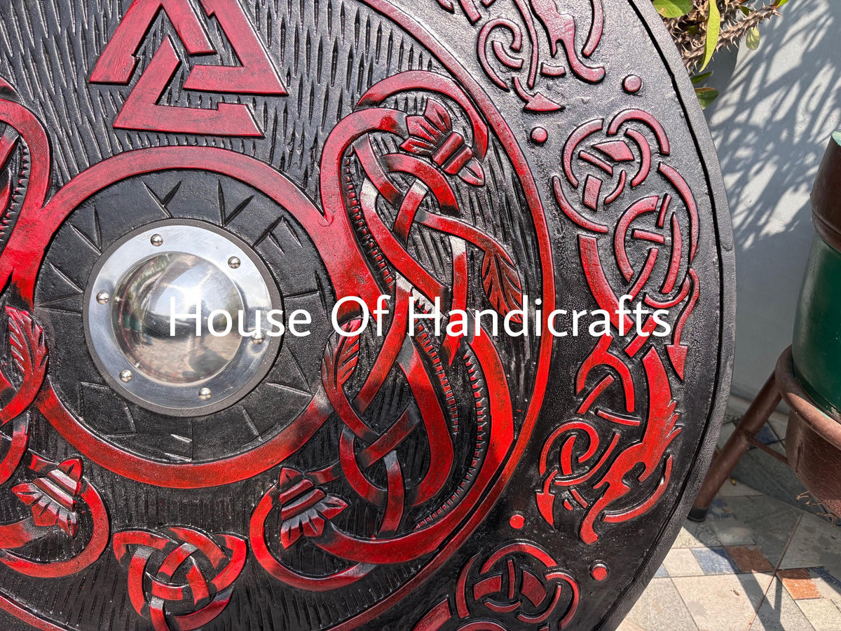 Viking Rune Weapon Replica - Handmade Viking Wooden Shield, Helm of Awe, Runes, Celtic Knots Wall