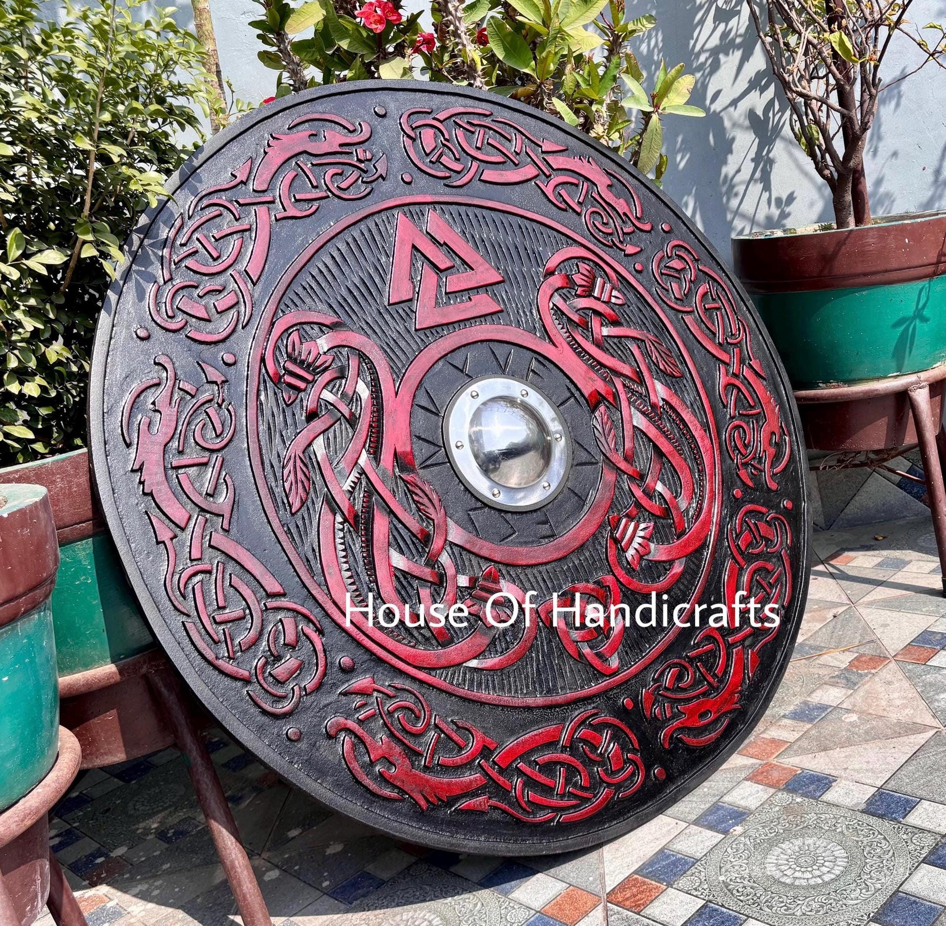 Viking Rune Weapon Replica - Handmade Viking Wooden Shield, Helm of Awe, Runes, Celtic Knots Wall