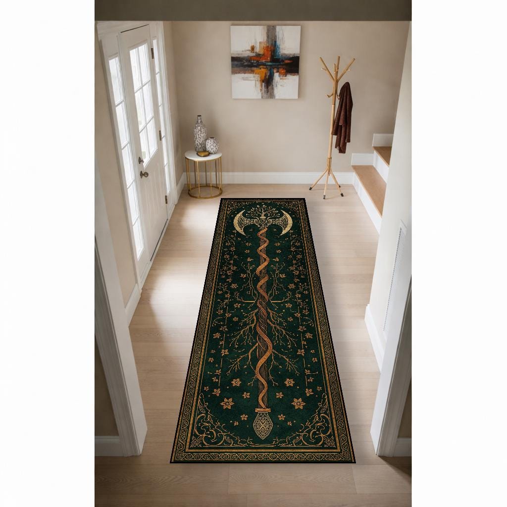 Viking Yggdrasil Tree of Life Rug - Dark Green Celtic Tree of Life Axe Runner Rug, Viking Yggdrasil