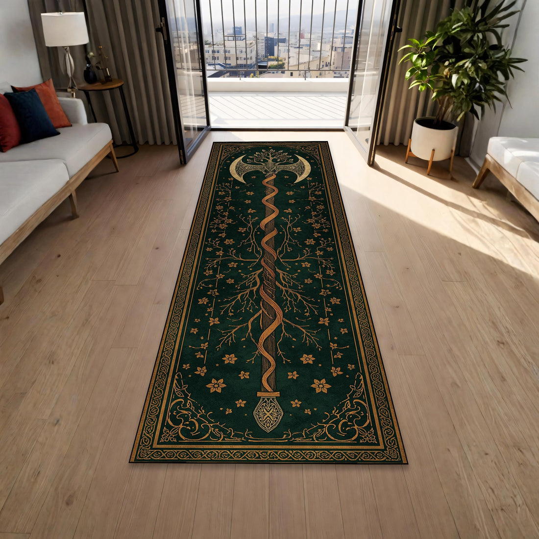 Viking Yggdrasil Tree of Life Rug - Dark Green Celtic Tree of Life Axe Runner Rug, Viking Yggdrasil