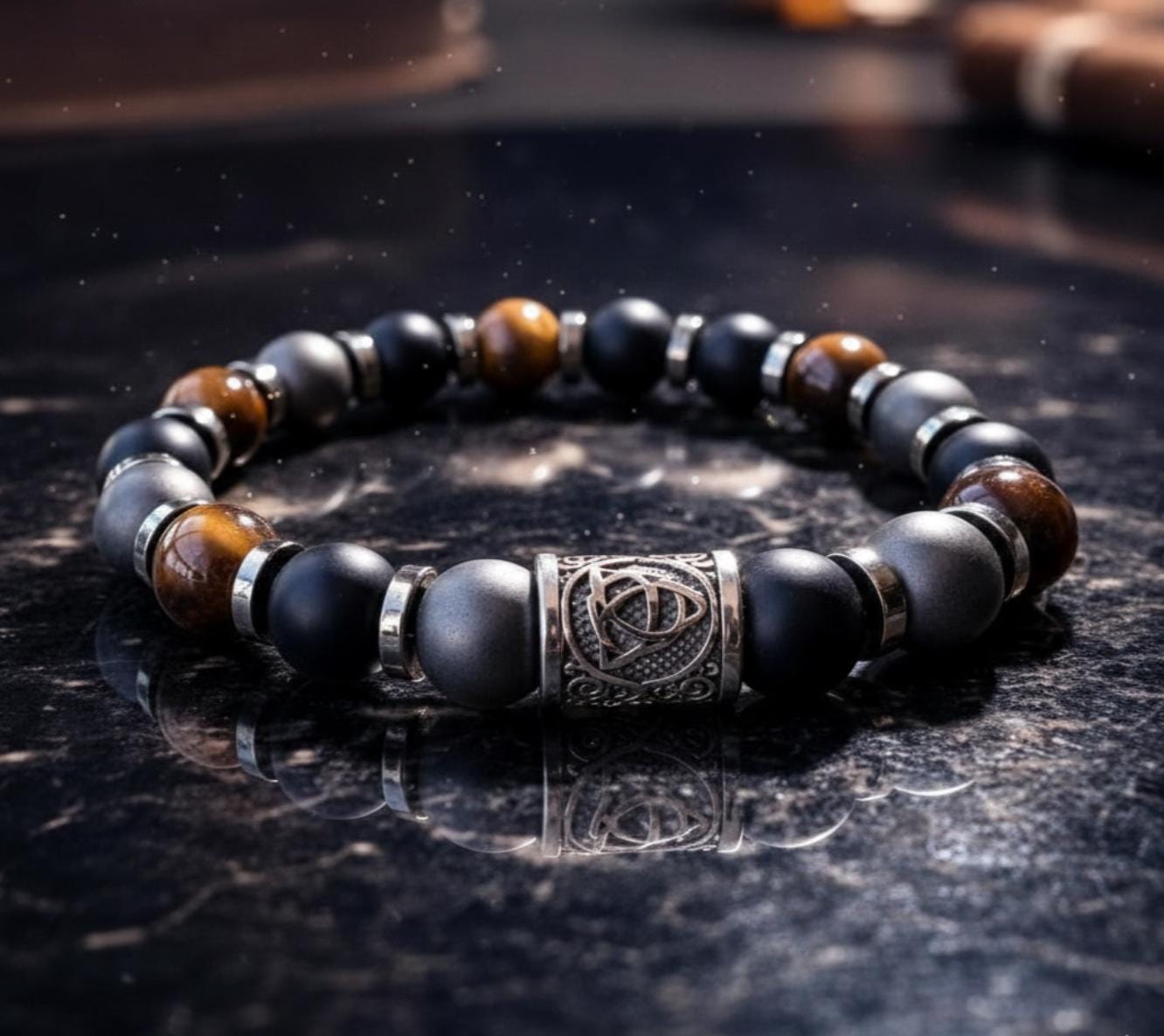 Viking Bracelet - Men’s Matte Tiger Eye Beaded Stretch Bracelet, Celtic Trinity Knot Bracelet