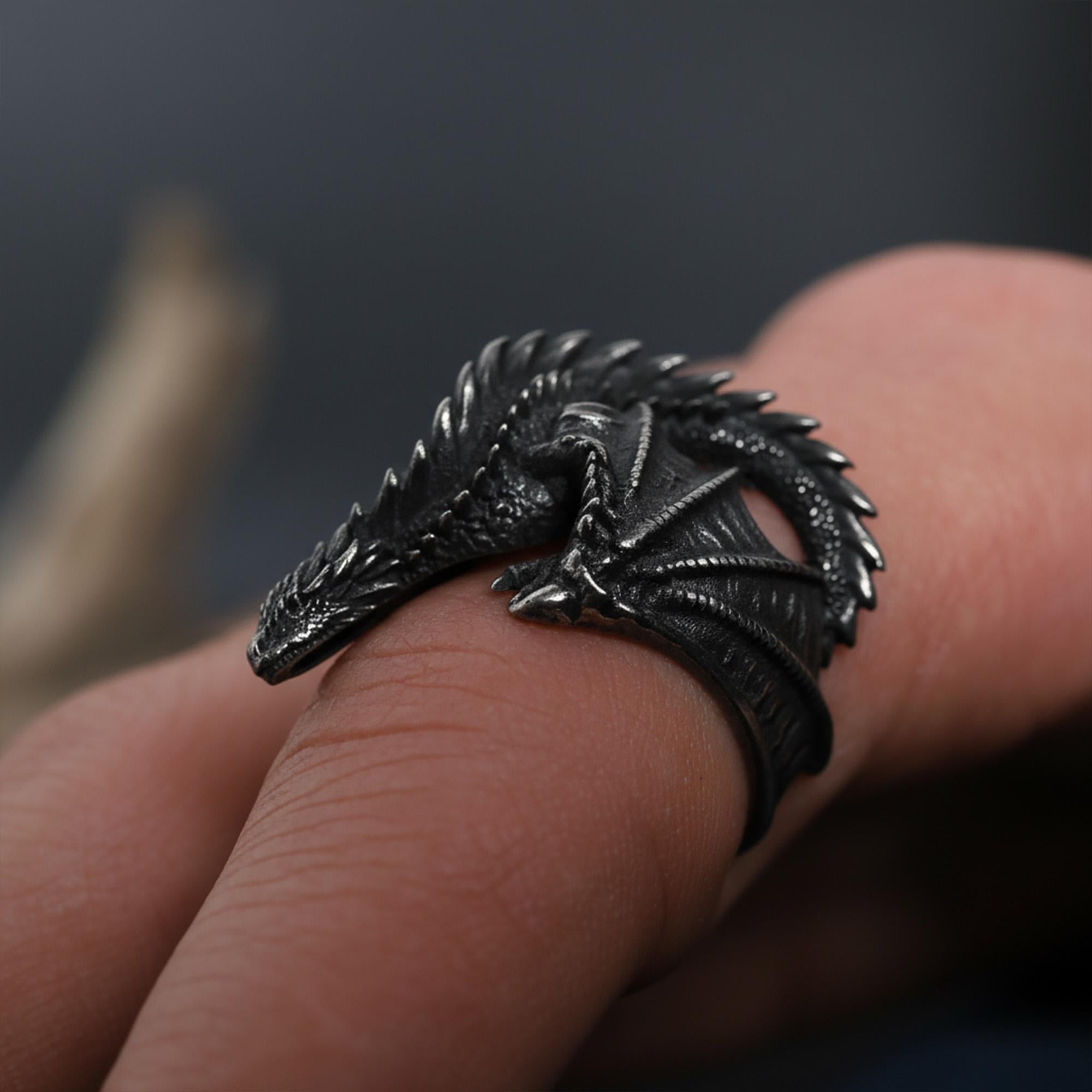 Viking Ring - Sterling Silver Dragon Ring, Adjustable Wrap Band, Gothic Mens Ring, Fantasy Jewelry