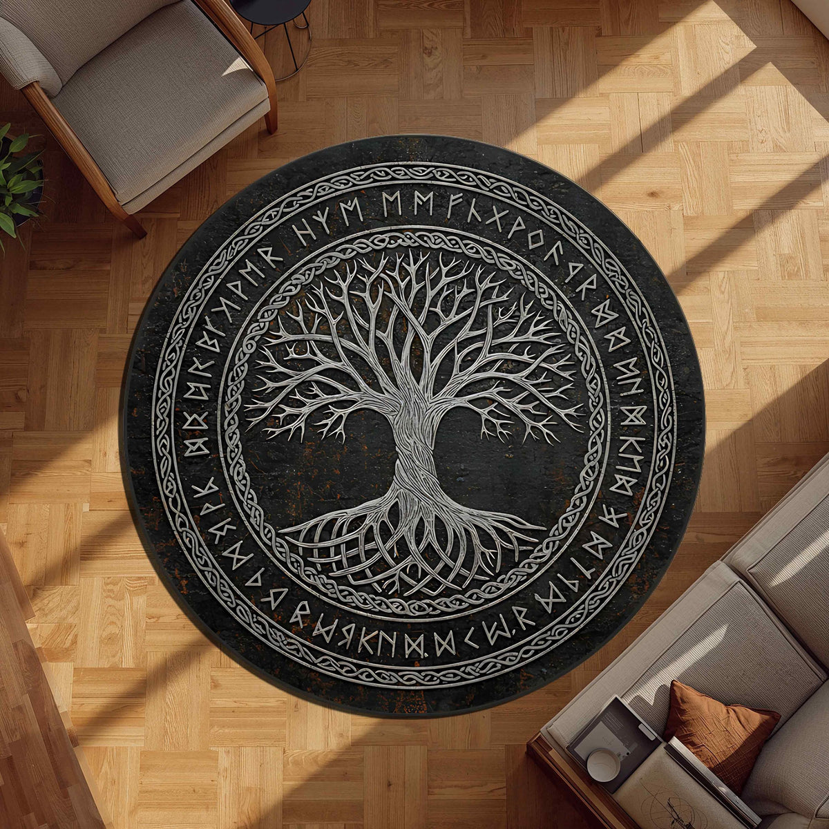Viking Yggdrasil Tree of Life Rug - Viking Tree of Life Round Rug, Yggdrasil Rune Circle Carpet