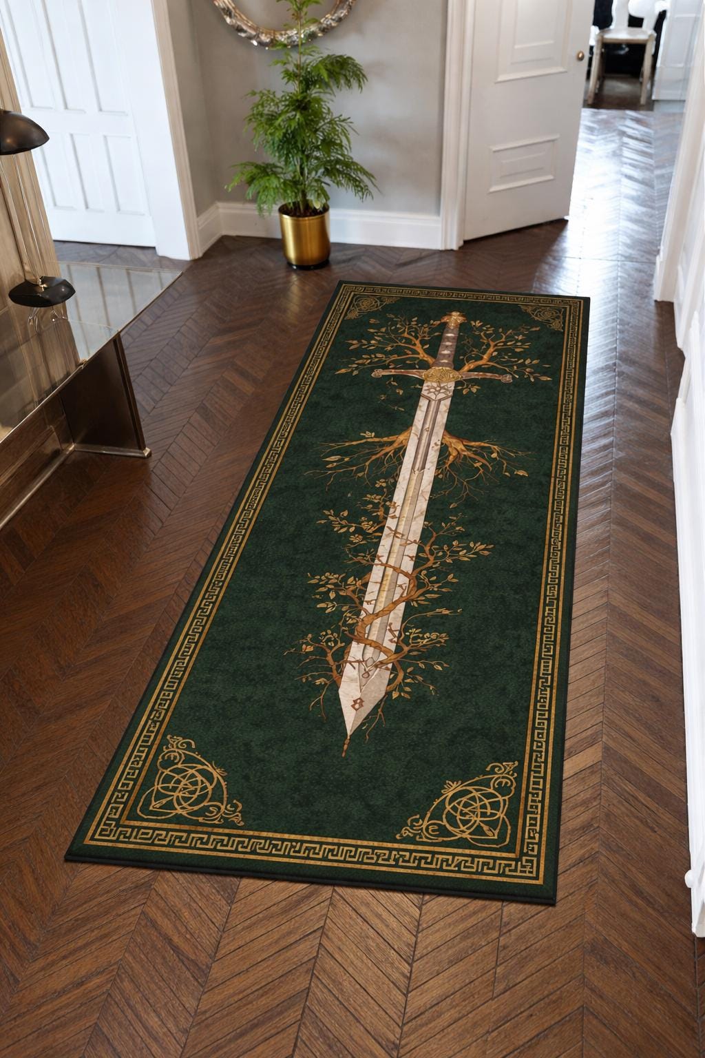 Viking Rug - Viking Axe Runner Rug, Nordic Warrior Black Gold Decor, Norse Myth Battle Axe Carpet