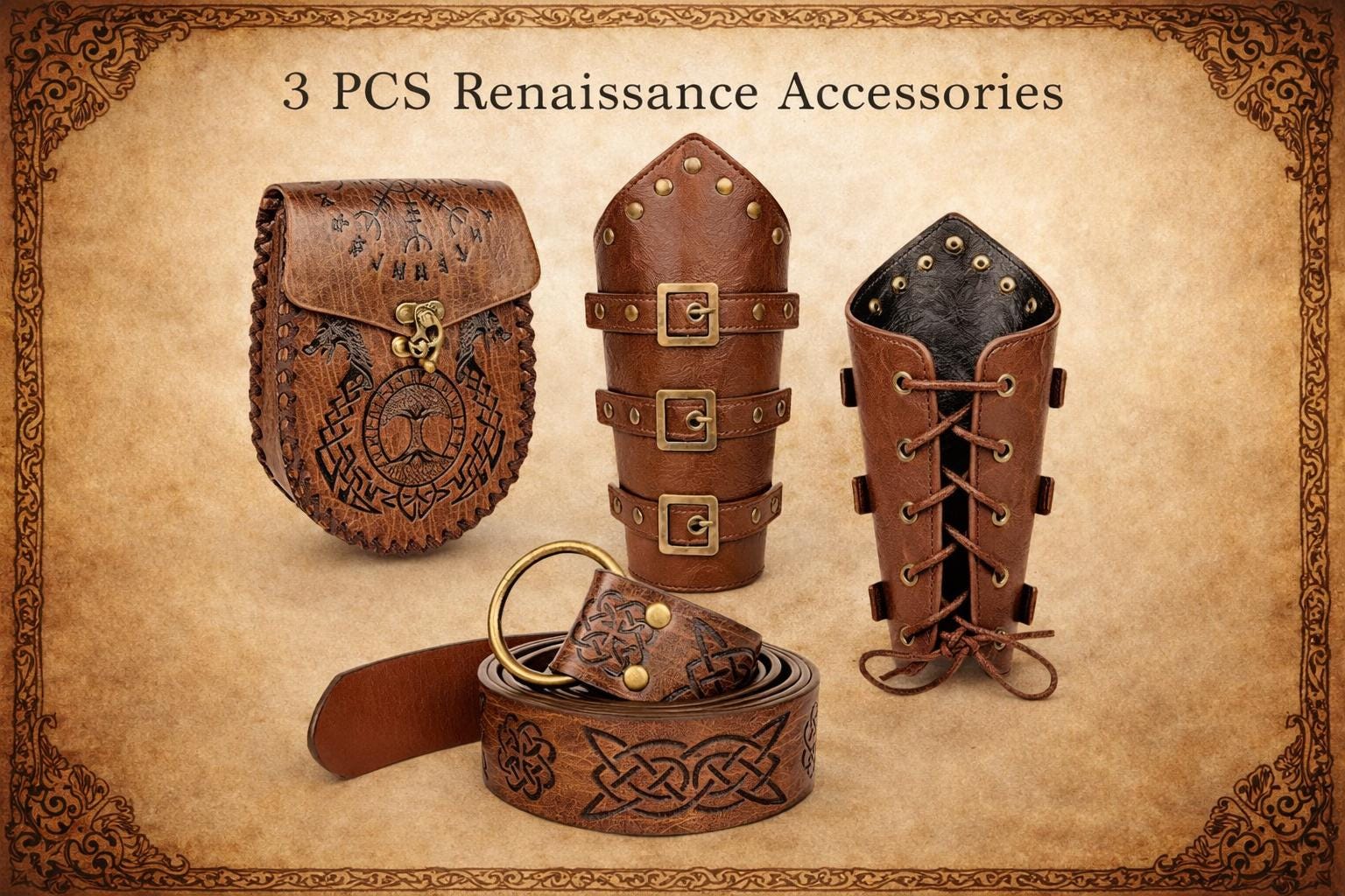 Viking Costume & LARP - Medieval Leather Bracer, Belt and Pouch for Halloween Cosplay, Viking