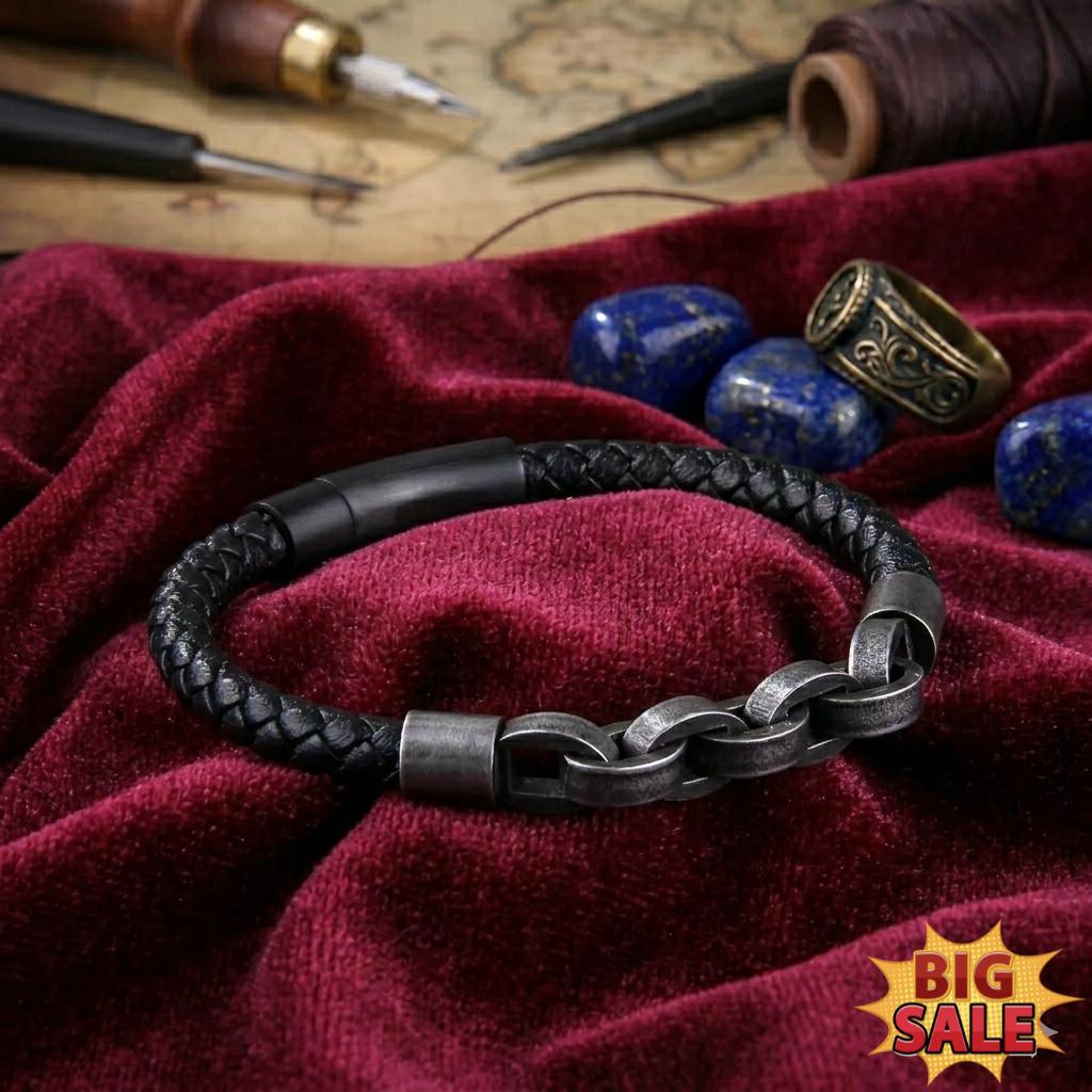 Viking Bracelet - Viking Leather Bracelet Men, Braided Black Leather Chain Bracelet, Norse Warrior