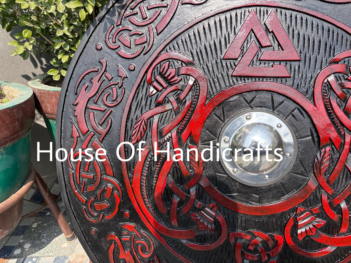Viking Rune Weapon Replica - Handmade Viking Wooden Shield, Helm of Awe, Runes, Celtic Knots Wall