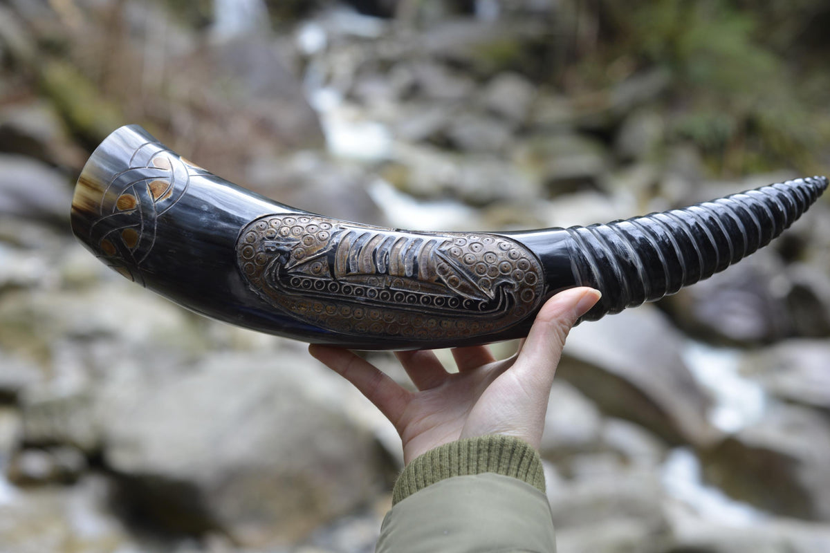 Viking Longship Home Decor - Viking Valor" Carved Longship Horn Vessel (12-18 Inch) with Burnt Wood