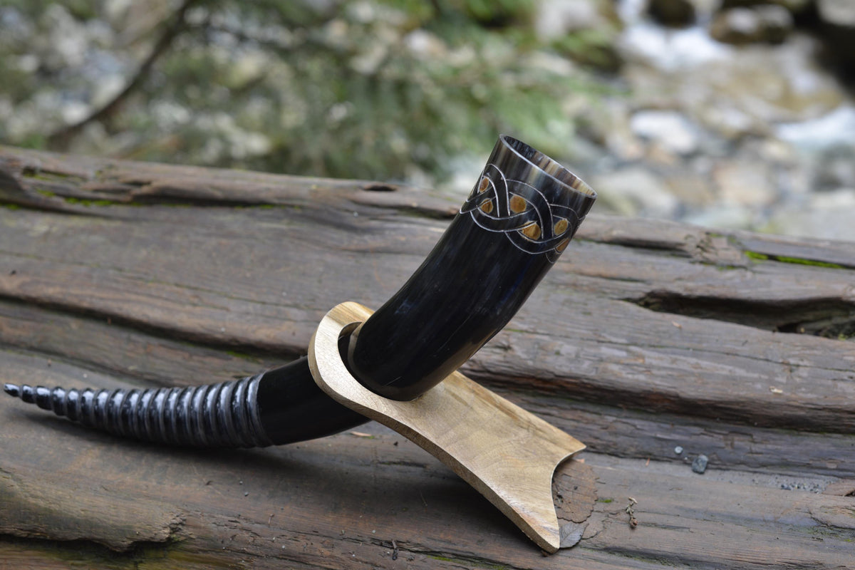 Viking Longship Home Decor - Viking Valor" Carved Longship Horn Vessel (12-18 Inch) with Burnt Wood