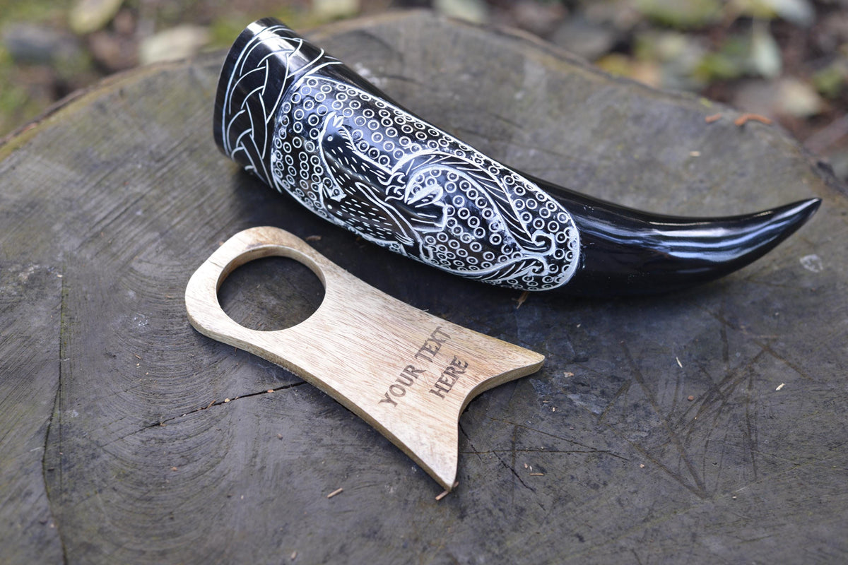 Viking Longship Home Decor - Viking Valor" Carved Longship Horn Vessel (12-18 Inch) with Burnt Wood