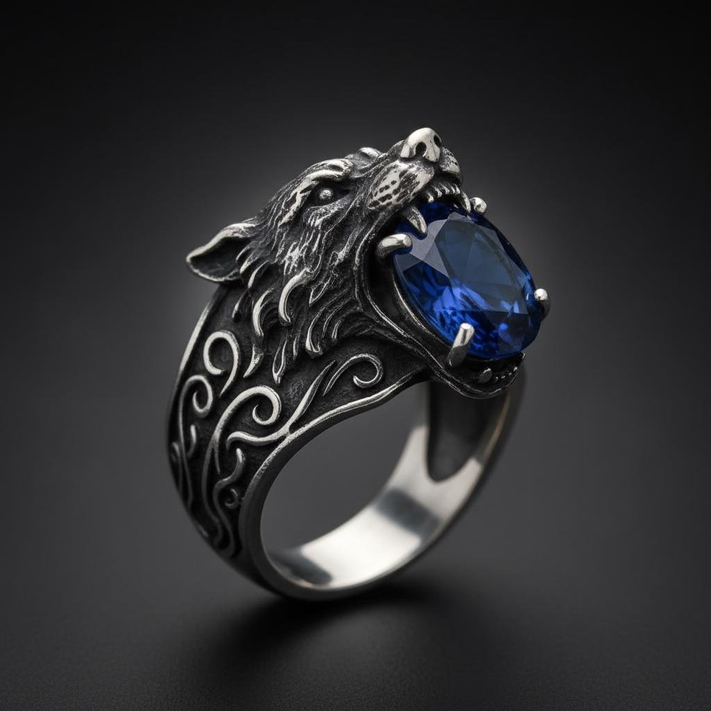 Viking Wolf Ring - Norse Raven Wolf Ring Silver Blue Stone Viking Celtic Knot Band