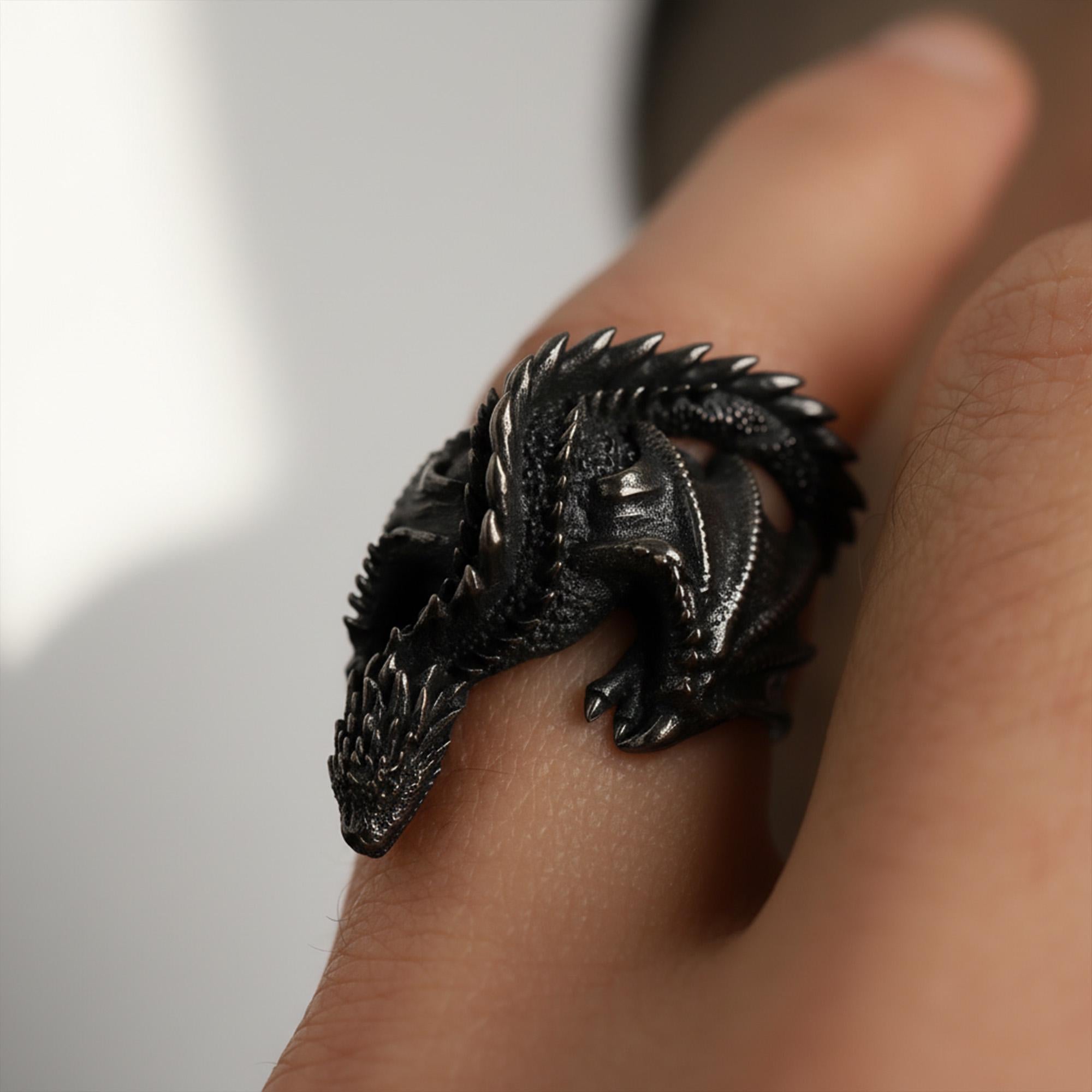 Viking Ring - Sterling Silver Dragon Ring, Adjustable Wrap Band, Gothic Mens Ring, Fantasy Jewelry