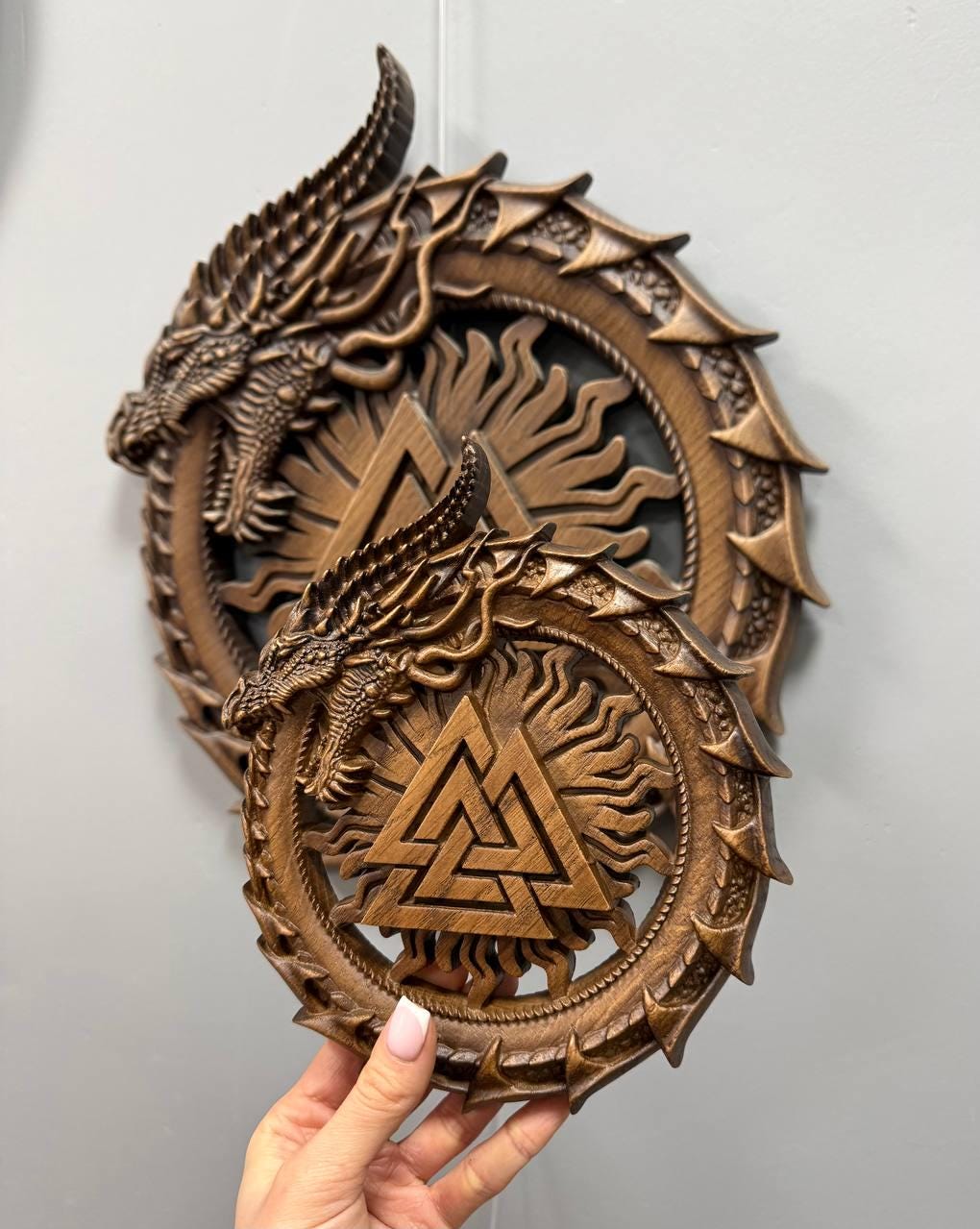 Viking Valknut Home Decor - Hand-Carved Wooden Ouroboros with Valknut, Viking Dragon Wall Decor