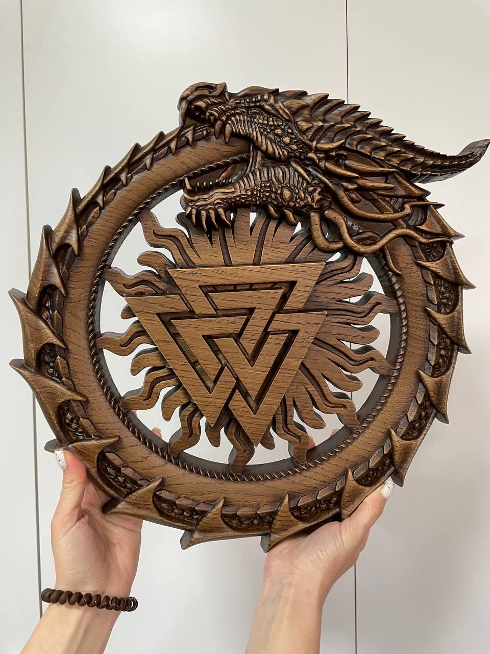 Viking Valknut Home Decor - Hand-Carved Wooden Ouroboros with Valknut, Viking Dragon Wall Decor