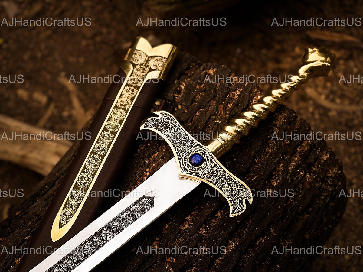 Viking Weapon Replica - Handmade Damascus Steel Celtic Leaf Sword, Viking Medieval Display Sword