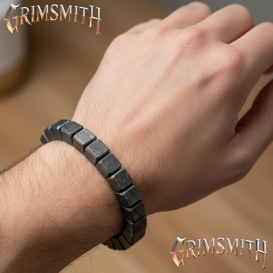 Viking Bracelet - Handcrafted Damascus Steel Square Cube Beaded Bracelet – Nordic Viking Geometric