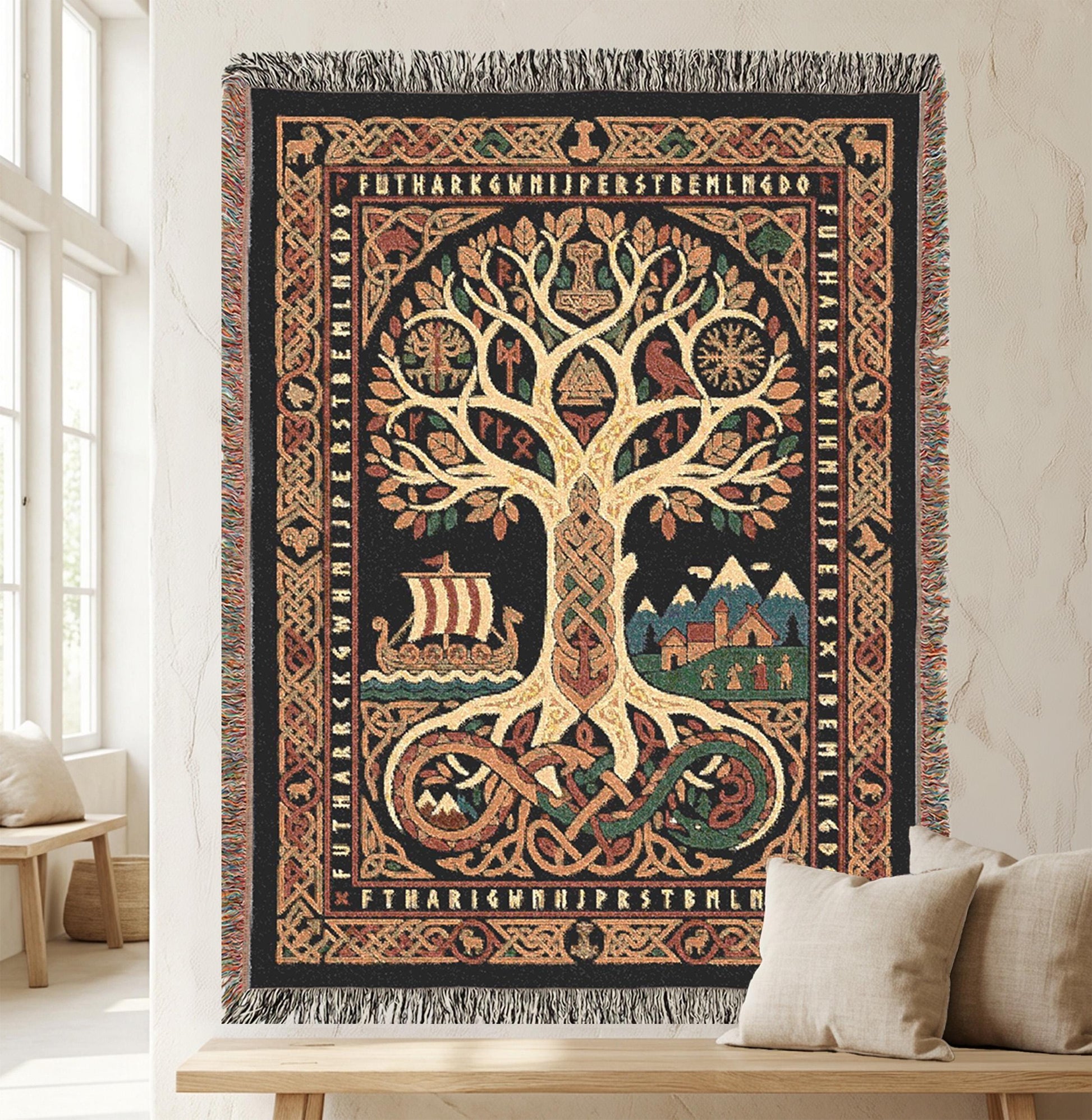 Viking Wolf Blanket - Norse Tree of Life Woven Blanket, Yggdrasil Raven and Wolf Tapestry Throw