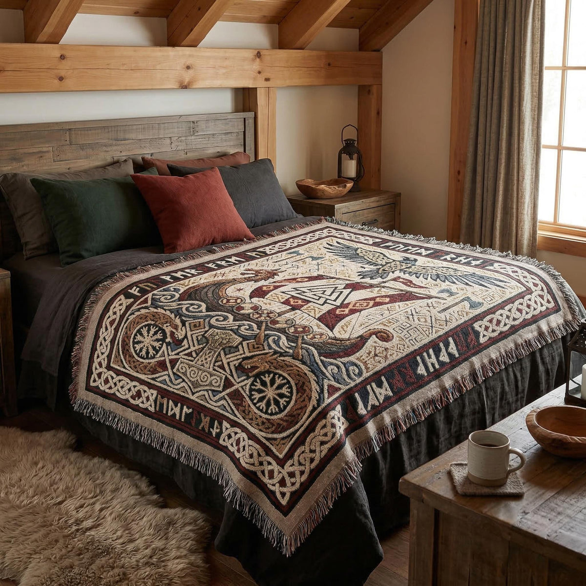 Viking Thor's Hammer Blanket - Viking Longship Woven Blanket, Norse Mythology Tapestry Throw