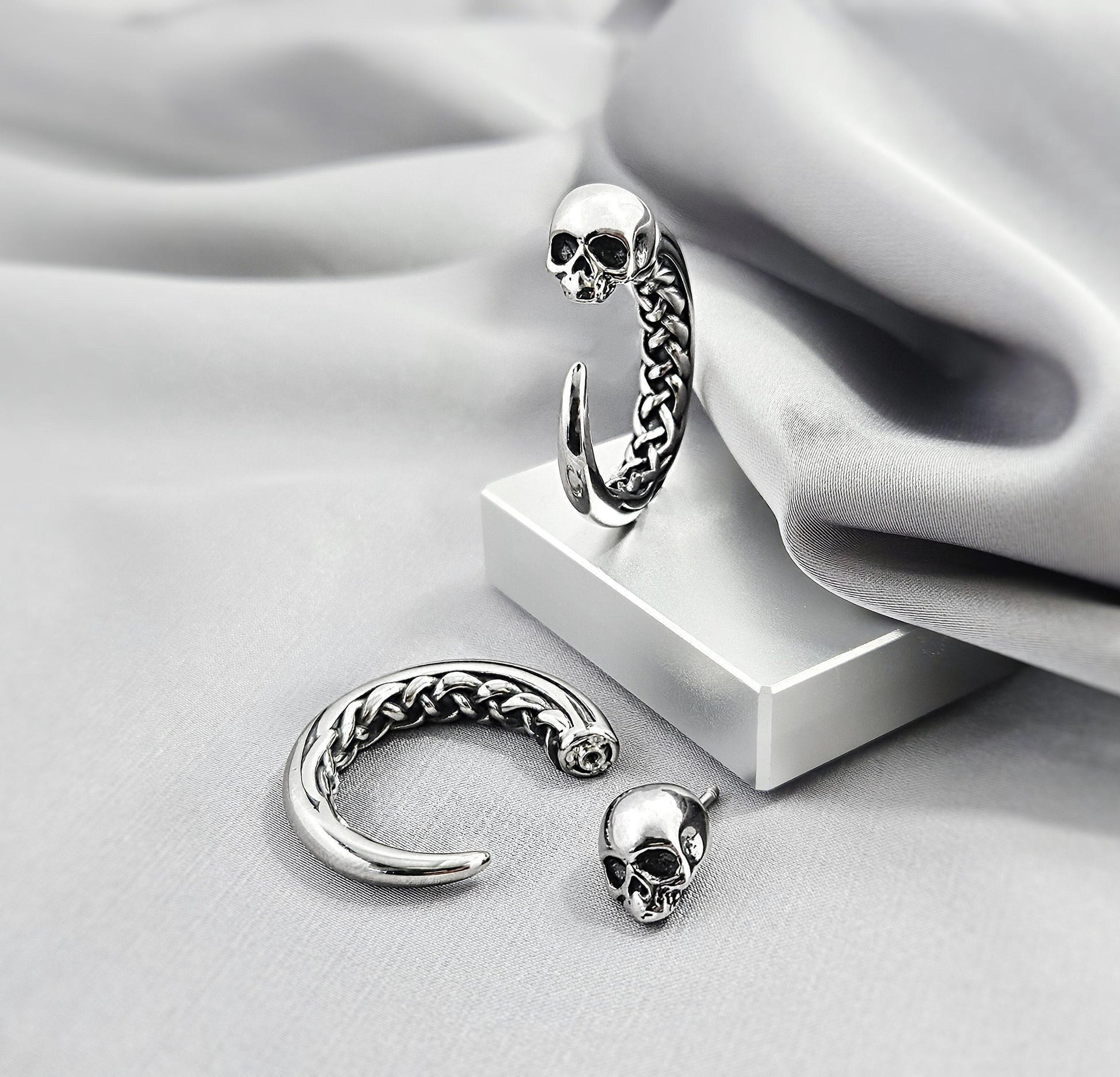 Viking Jewelry Accessory - Double Axe Ear Jacket Earrings, Stainless Steel, Celtic Norse Jewelry