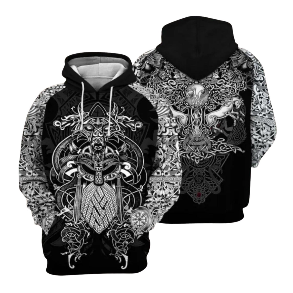 Viking Odin Hoodie - Viking Raven Hoodie with Norse Runes, Nordic Knotwork Pullover, Black Pagan