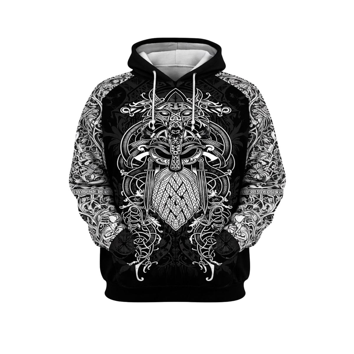 Viking Raven Hoodie - Norse Viking Warrior Hoodie, Black White Celtic Knot Raven Tattoo Art Unisex