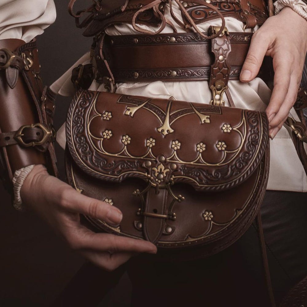 Viking Costume & LARP - Medieval Leather Bracer, Belt and Pouch for Halloween Cosplay, Viking