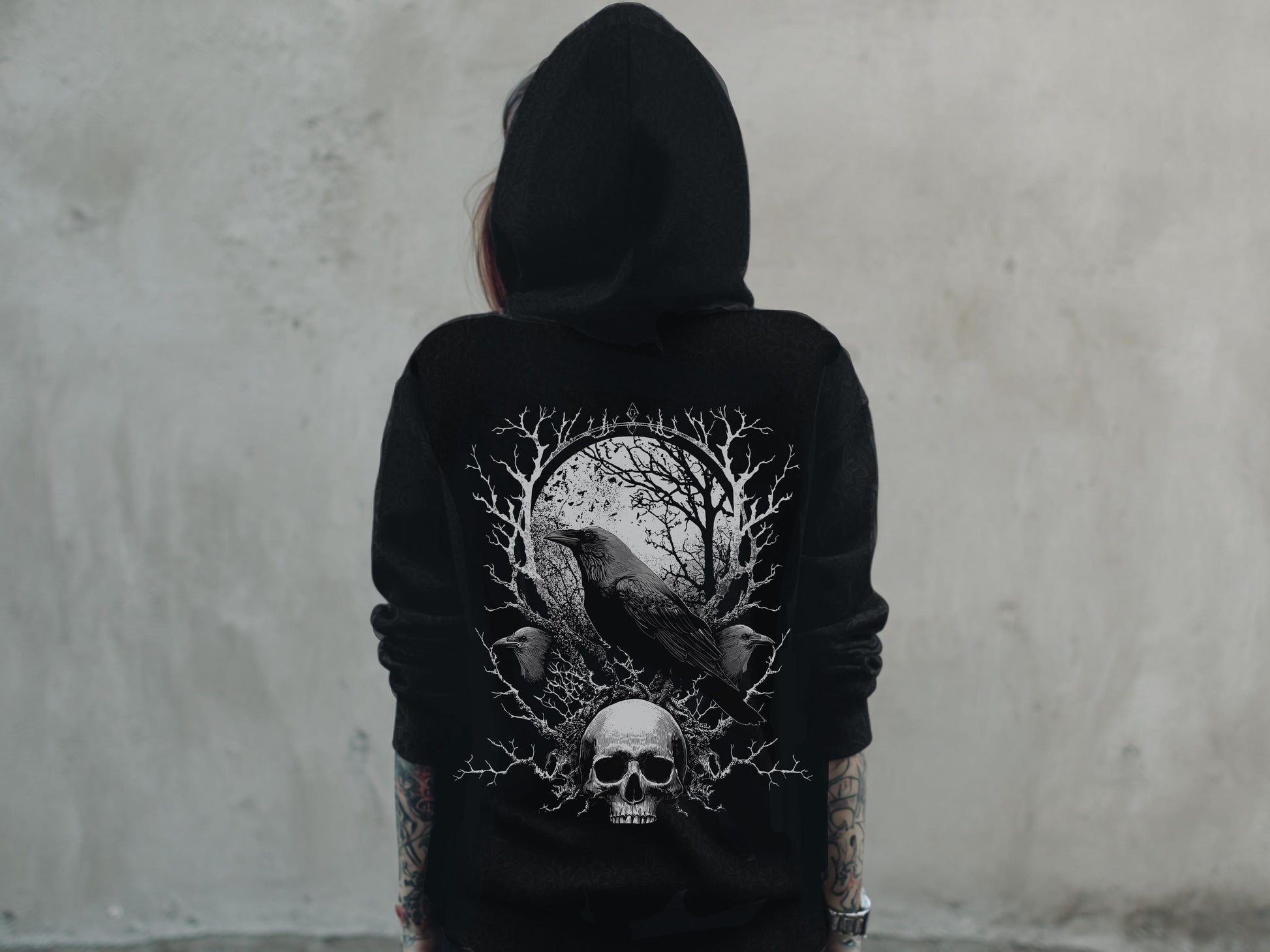Viking Raven Hoodie - Gothic Raven Hoodie, Raven Skeleton Hoodie, Viking Raven Hoodie, Norse Raven